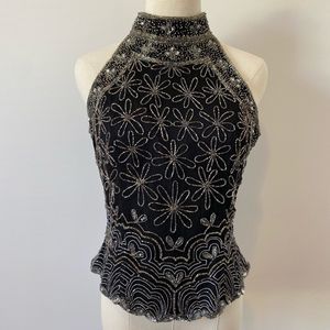 Adrianna Papell Black and Silver Embellished Halter Top